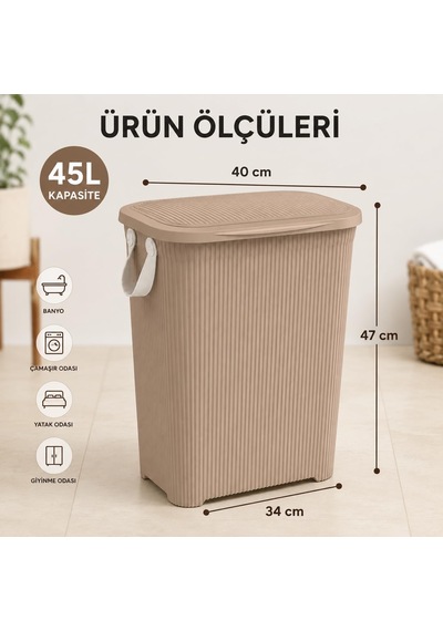 45 L Kapaklı Kirli Çamaşır Sepeti Modern Çizgili Tasarım Taşıma Kulplu Dayanıklı Plastik Banyo, Çamaşır Odası Ve Yatak Odası İçin 40 X 34 X 47 Cm, Beyaz Çok Renkli