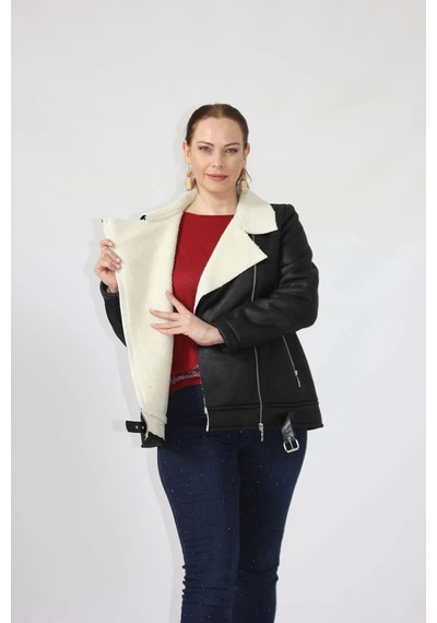 Moda Berray 3263 Kısa Içi Kürklü Eteği Kemer Detaylı Kaban Siyah Siyah