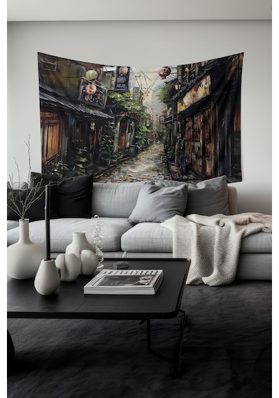 Kore Sokakları Desenli Duvar Halısı Duvar Örtüsü Tapestry Süet Dokulu Kumaş
