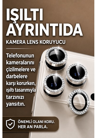 İphone 17 Pro / 17 Pro Max Uyumlu Taşlı Kamera Lens Koruyucu Gümüş