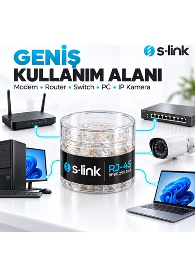 S-link Slx-990 Cat5 Rj45 Konnektör 25'li Paket, 8p8c Ethernet Ağ Kablosu Ucu, Şeffaf Modüler Jack, Krimp Pense İle Takılabilir Network Fişi