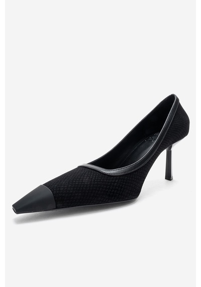 Luvishoes Rona Siyah Desenli Mat Burunlu Kadın Topuklu Ayakkabı Siyah