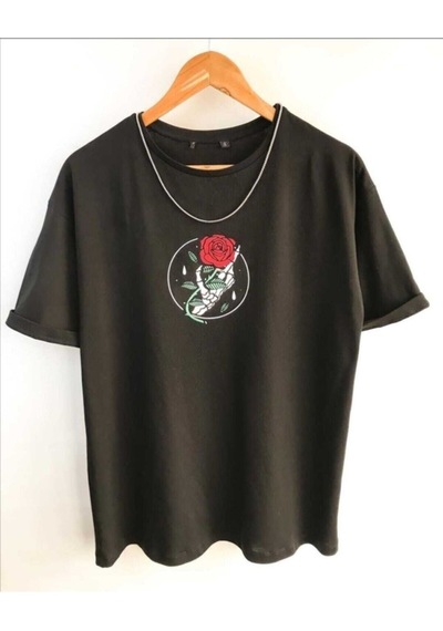 Noıssey Wed Unisex Güllü Kuru Kafa Baskılı Oversize Penye T-shirt Tişört Siyah