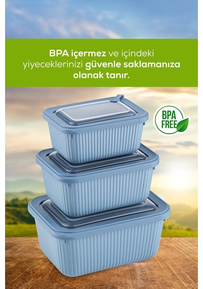 Vienev 3'lü Vip Dikdörtgen Mikrodalga Ve Difrize Uygun Saklama Kabı Seti Mavi 1x 1750,1050,600 Ml Mavi