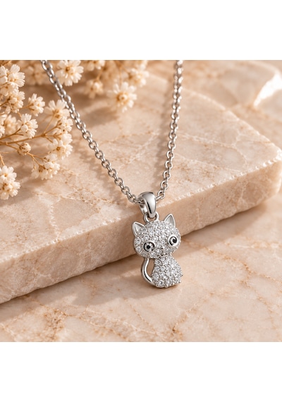 Gold & Gümüş Taşlı Kedi Figürlü Kolye