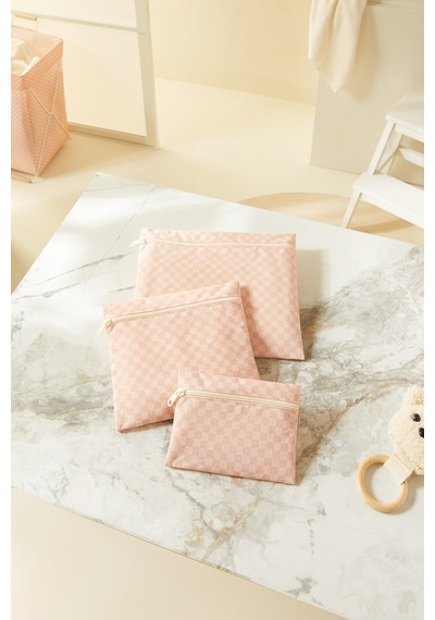 Ocean Home Textile 3'lü Su Geçirmez Pvc Astarlı Pembe Dama Desen Islak Kuru Çantası 20 X 13 / 24 X 20 / 30 X 24 Cm