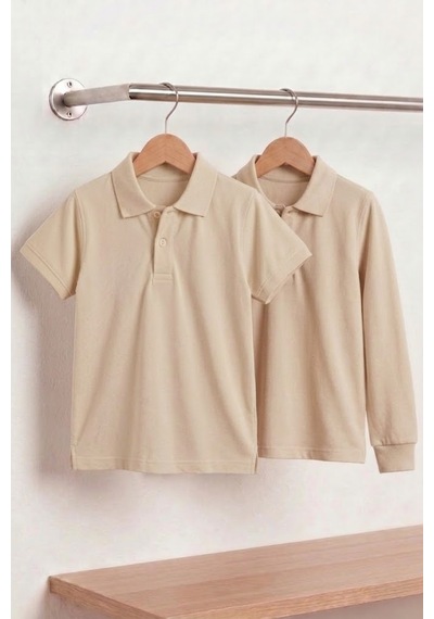 Nacar Store Unisex Çocuk Uzun Ve Kısa Kollu Polo Yaka Okul Tişörtü 2'li Set Bej