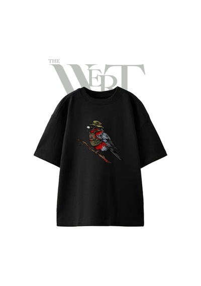 Thewert Savasci Kus Tasarım Baskılı Ünisex Siyah Oversize T-shirt