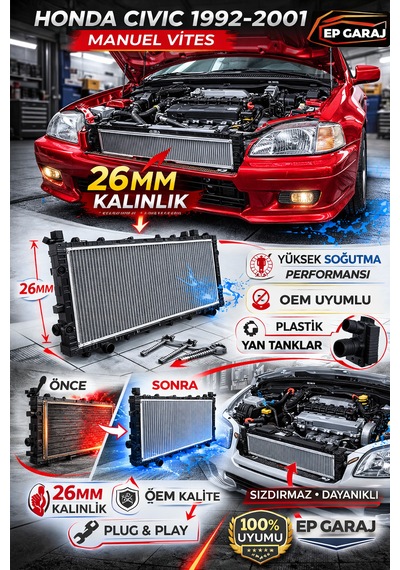 Honda Civic 1992-2001 Model Uyumlu 26 Mm Kalınlığında Manuel Vites Su Radyatörü