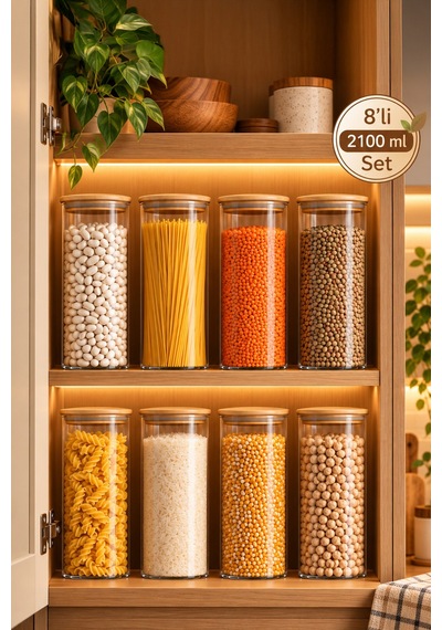 Porsima 4-4 Bambu Borosilikat Vakumlu Kapaklı Yuvarlak Cam 8li Kavanoz Seti Saklama Kabı 2100ml 10x30cm