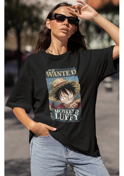 Sevbano Wanted Monkey D. Luffy Baskılı Unisex Oversize One Piece Anime Ka Siyah