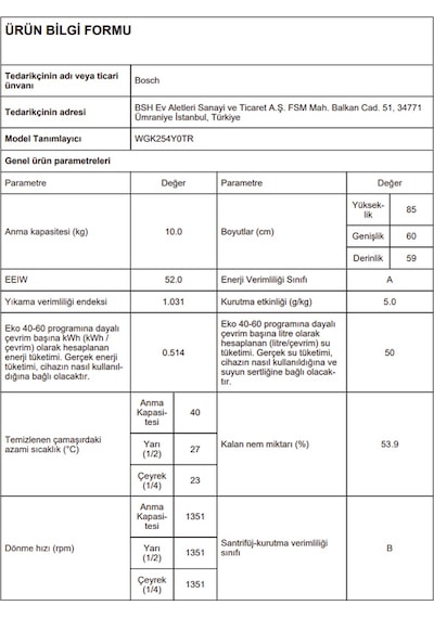 Bosch WGK254Y0TR Serie 6 10 KG 1400 Devir Çamaşır Makinesi