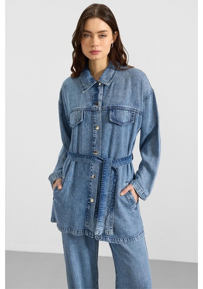 Olcay Çıt Çıt Kapamalı Soft Denim Ceket Pantolon İkili Takım Mavi 9398-tk