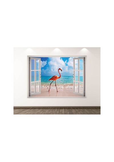 Flamingo Sahili Full Hd Baskı 3d Pencere Modern Duvar Sticker