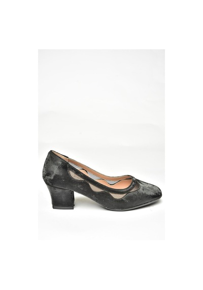 Fox Shoes U820052839 Siyah Kadife Kalın Topuklu Kadın Ayakkabı Siyah
