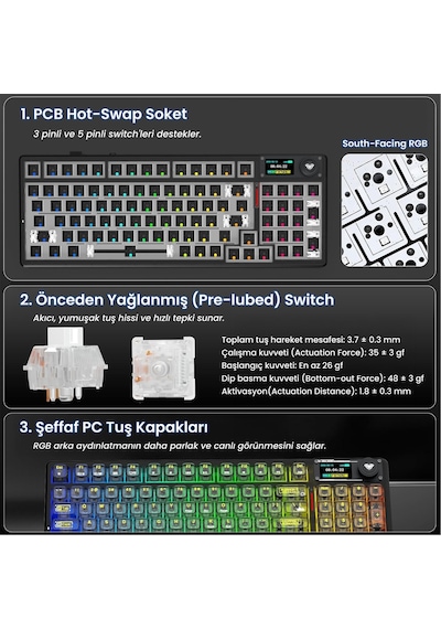 Aula F98 Pro V3 Oled Ekranlı Crystal Switch Makrolu Kablosuz Rgb Hot-swap Gasket Pre-lubed Switch Mekanik Klavye Şeffaf Siyah