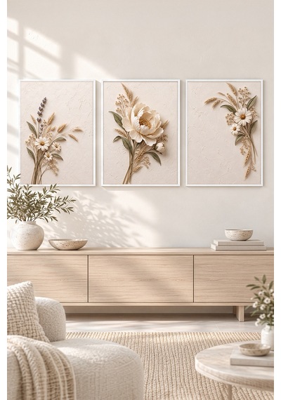 Beyaz Çerçeveli Ivory Meadow Peony 3 Lü Ahşap Çerçeveli Mdf Tablo Seti Şakayık, Lavanta Ve Papatya Kuru Çiçek Temalı Kabartma Görünümlü Renk: Beyaz