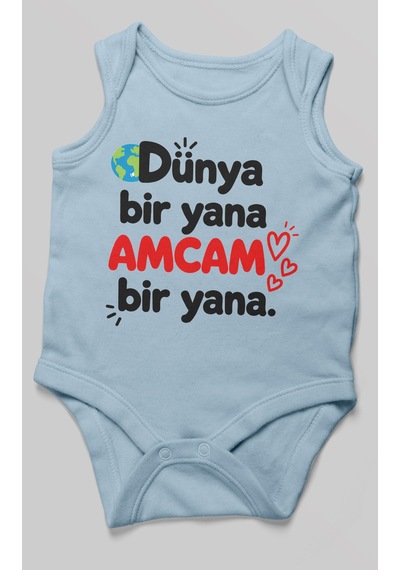 Morivokids Dünya Bir Yana, Amcam Bir Yana Sıfır Kollu Bebek Zıbını %100 Pamuk Bebe Mavisi