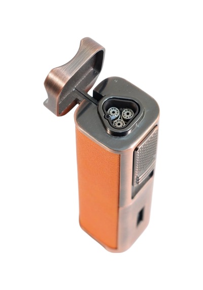 Parmida 3 Torch Pürmüz Sehpalı Gövdesi Turuncu Deri Bronz Metal Puro Çakmağı - Tr9491