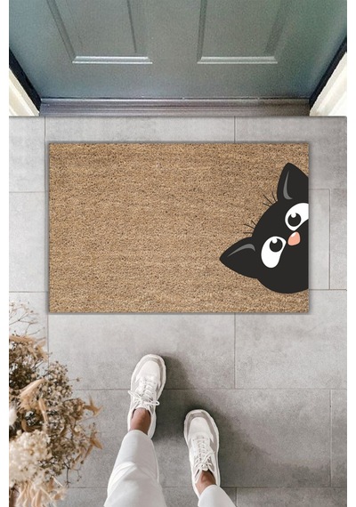 Rugmood Modern Dijital Baskı Paspas - Yandan Bakan Kedi - Kapı Önü Paspası 70x45cm Kahverengi