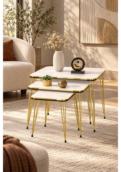 Odera Çift Beyaz Orta Sehpa Ve Zigon Sehpa 4'lü Set Metal Tel Ayaklı Modern Retro Salon Sehpası Diğer