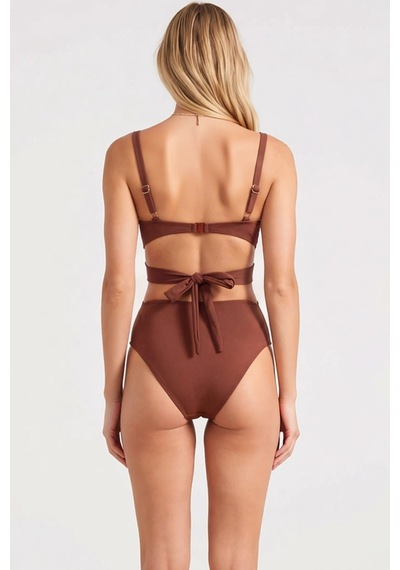 Benerly Kadın Mayokini Regular Zebra Desenli V Yaka Kolsuz Cut Out Detayl Kahverengi