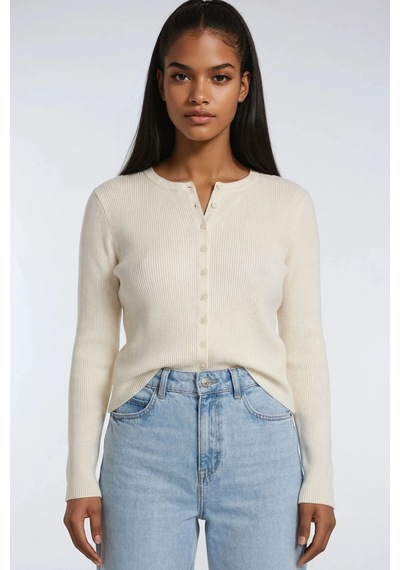 Hiccup Mixray Düğmeli Slim Fit Yivli Örgü Hırka Natural