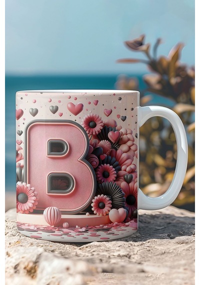Renkli Çiçekli B Harfi Baskılı 3d Görünümlü Tasarım Mug Kupa Bardak Renkli