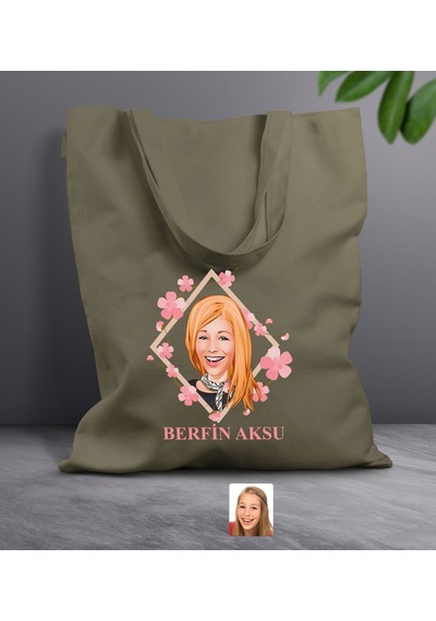 Bk Gift Kişiye Özel Anneler Günü Karikatürlü Haki Kumaş Bez Çanta, Baskılı Omuz Çantası, Alışveriş Çantası, Anneye Hediye-4 Haki