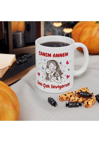 Canım Annem Seni Çok Seviyorum Anneler Günü - Doğum Günü Hediyesi - Hediye Porselen Kupa Bardak Beyaz