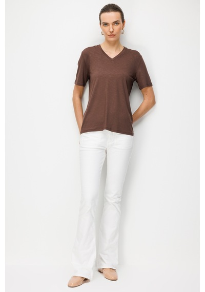 Kadın V Yaka Flamlı Kumaş Basic Tshirt K.kahve Kahve