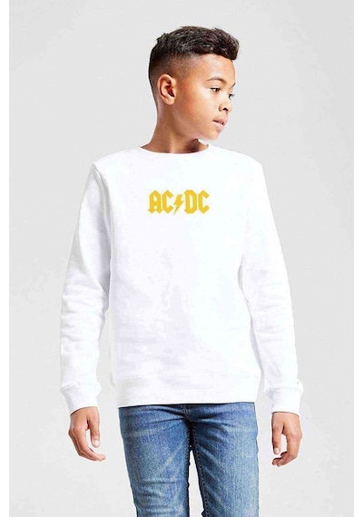 Tshirthane Acdc Logo Sarı Baskılı Unisex Çocuk Beyaz Sweatshirt Beyaz