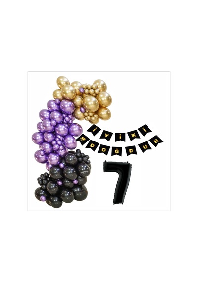 7 Yaş Siyah, Gold, Mor Balon+banner Seti