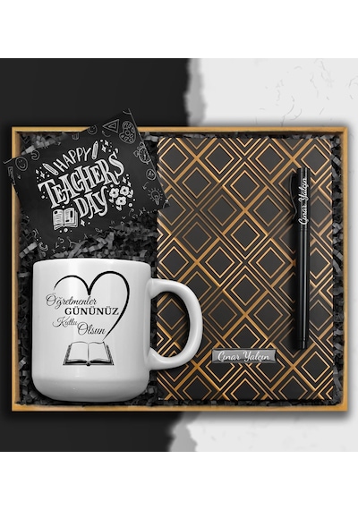 Kişiselleştirilebilir Öğretmenler Gününe Özel Hediye Seti Oval Kupa & Gold Defter & Roller Kalem & Not