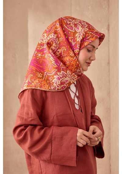 Twill İpek Eşarp 11473-23 Tarçın, Magenta, Bej, Parlak Turuncu