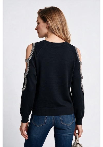 Sempre Kadın Bisiklet Yaka Omuz Dekolteli Taş Detaylı Uzun Kollu Örme Kazak Smp2901 Siyah
