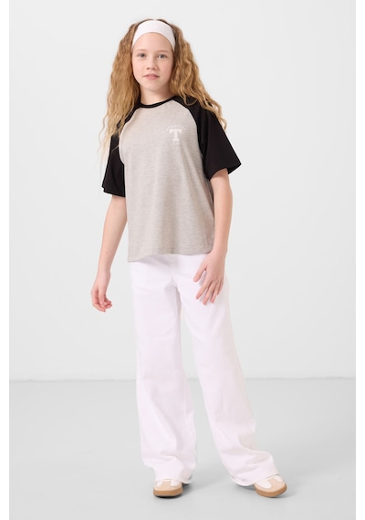 Gri Melanj O Yaka Pamuklu Baskılı Oversize Fit Kız Çocuk T-shirt - 75179 Gri Melanj