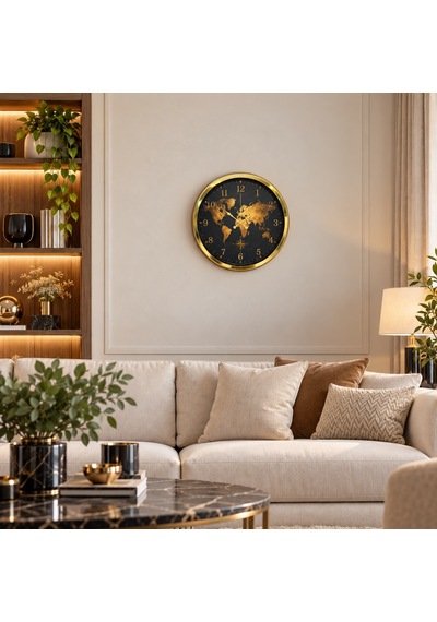 Imperial Atlas Gold Dünya Haritalı 40 X 40 Cm Metal Duvar Saati