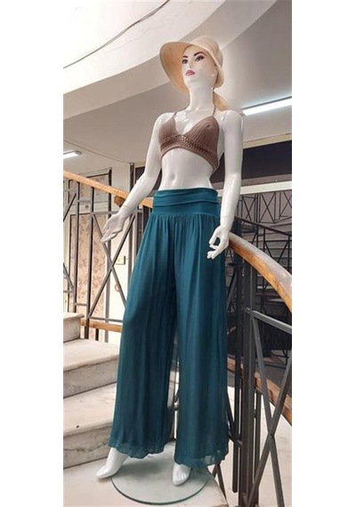 Bohem Stil Italyan Korse Belli Astarlı İpek Pantolon Zümrüt Yeşili