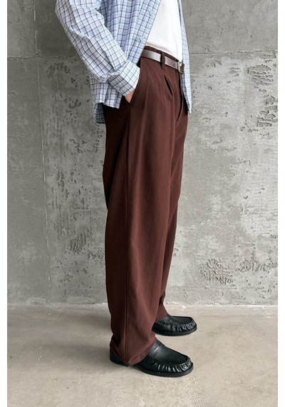 Erkek Baggy Fit Gabardin Kumaş Pantolon Kahverengi