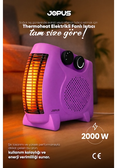 Jopus 2000W Elektrikli Fanlı Isıtıcı, Termostatlı, Sıcak-Soğuk Hızlı Isıtma, 25 m² Alan Kapasitesi