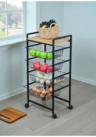 Dekoratif Tekerlekli Metal Sebzelik 4 Tel Sepetli Çam Ahşap Raflı Çok Amaçlı Stand Çok Renkli Dekoratif Tekerlekli Metal Sebzelik 4 Tel Sepetli Çam Ahşap Raflı Çok Amaçlı Stand Çok Renkli