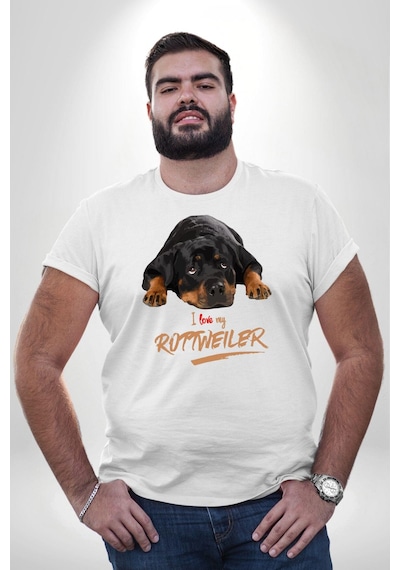 Angemiel Rottweiler Sevgisi Beyaz Büyük Beden Kadın Erkek Ünisex Basic Ön Baskılı Tişört Beyaz