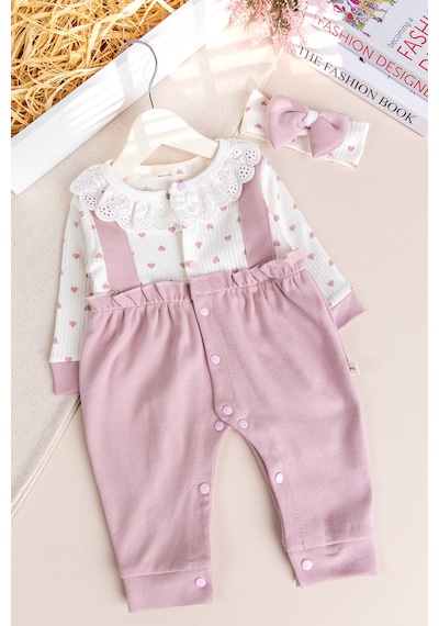 Babymod Kalp Desenli Fisto Yakalı Bandanalı Kız Bebek Tulum Set Gülkurusu