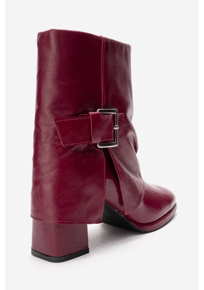 Luvishoes Lore Bordo Kırışık Rugan Hakiki Deri Tokalı Kadın Topuklu Bot Bordo