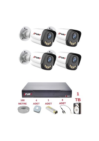 Fury 4 Kameralı 4 Warm Led Gece Renkli Görüş-cepten İzle-su Geçirmez Güvenlik Kamerası Seti 1tb