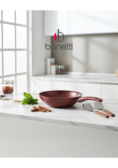 Bonetti Granit Kırmızı Wok Tava 28 Cm Yapışmaz Yüzey Kırmızı