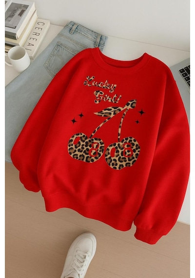Benroma 3 İplik Penye Lucky Girl Baskılı Unisex Sweatshırt Kırmızı