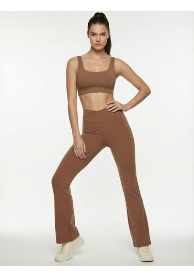 Koton Asimetrik Yüksek Bel Slim Fit İspanyol Paça Spor Tayt Vizon 6wak40224nk 02x