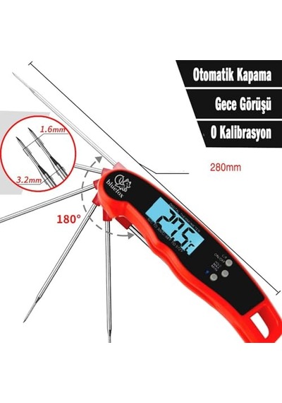 Okunan Mutfak Termometresi - Katlanabilir Arkadan Aydınlatmalı Lcd Ekran 240 Dönebilen Prob -50 C 300 C Aralığı
